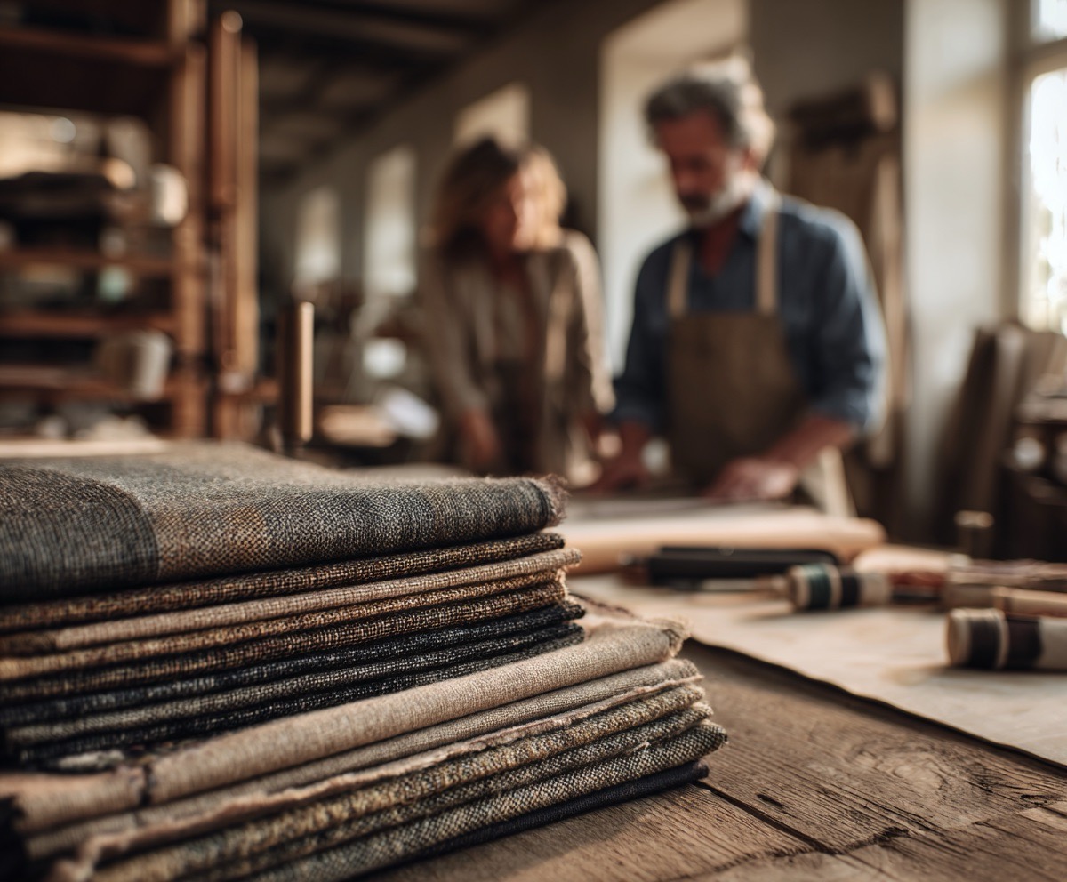 Pareja eligiendo telas en taller de tapicería en Logroño para sofá a medida.